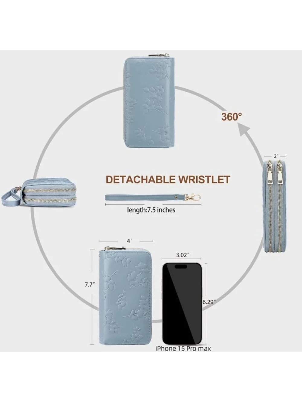 Vegan Leather RFID Blocking Large Capacity Double Zip Wristlet Wallet for Women